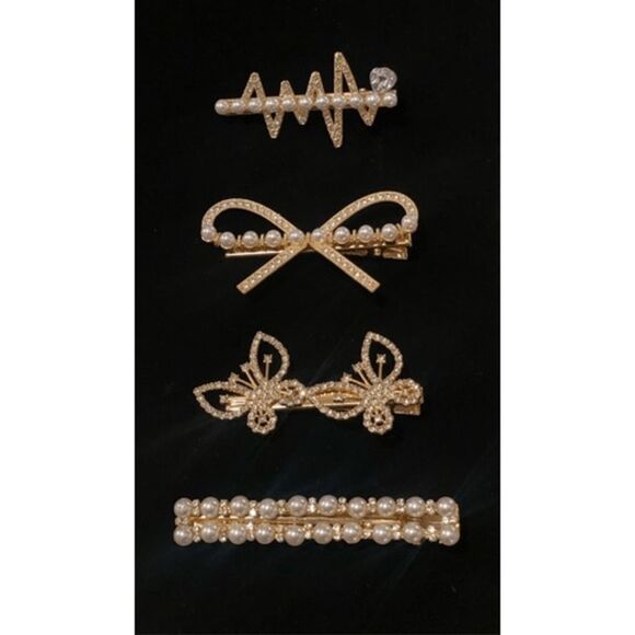 Hair Clips Set of 4 Pearls & Rhinestones Party Holidays - Picture 1 of 9